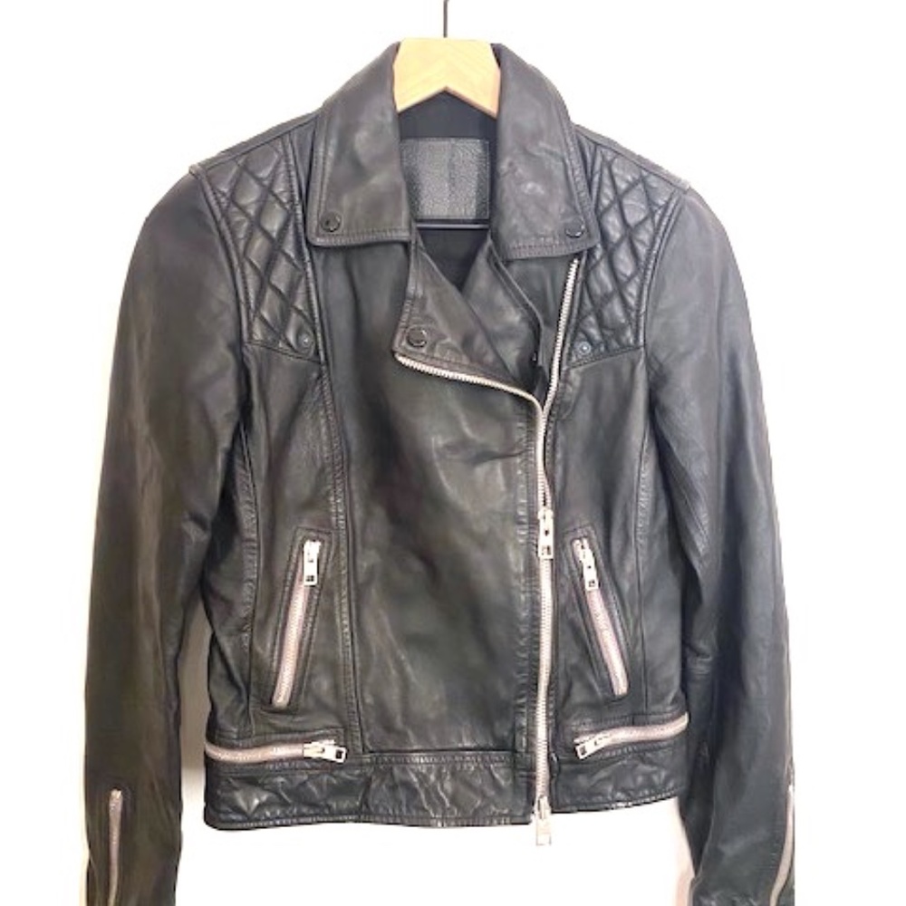 All Saints Conroy black leather biker jacket size 4